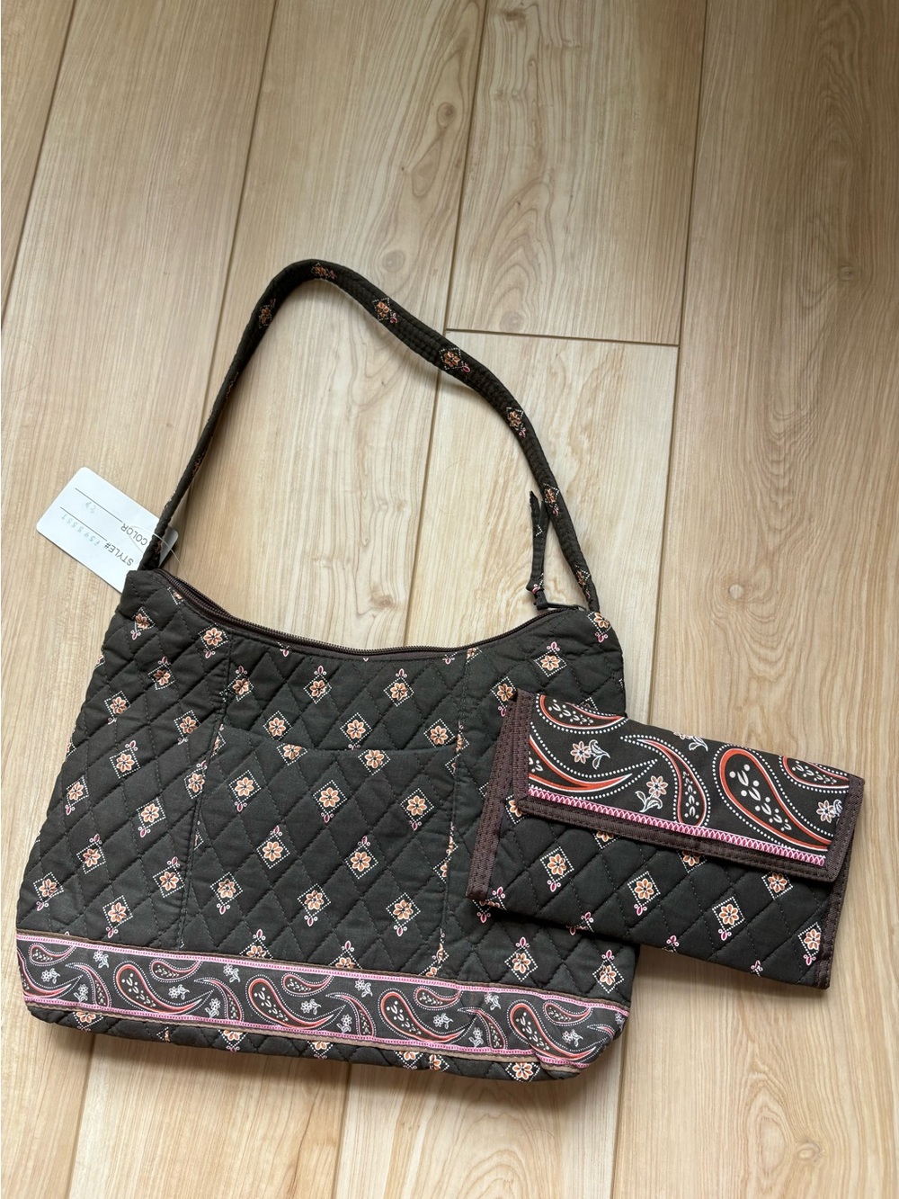 Vintage Quilted Floral Paisley Shoulder Bag with Matching Wallet Brown NWT
